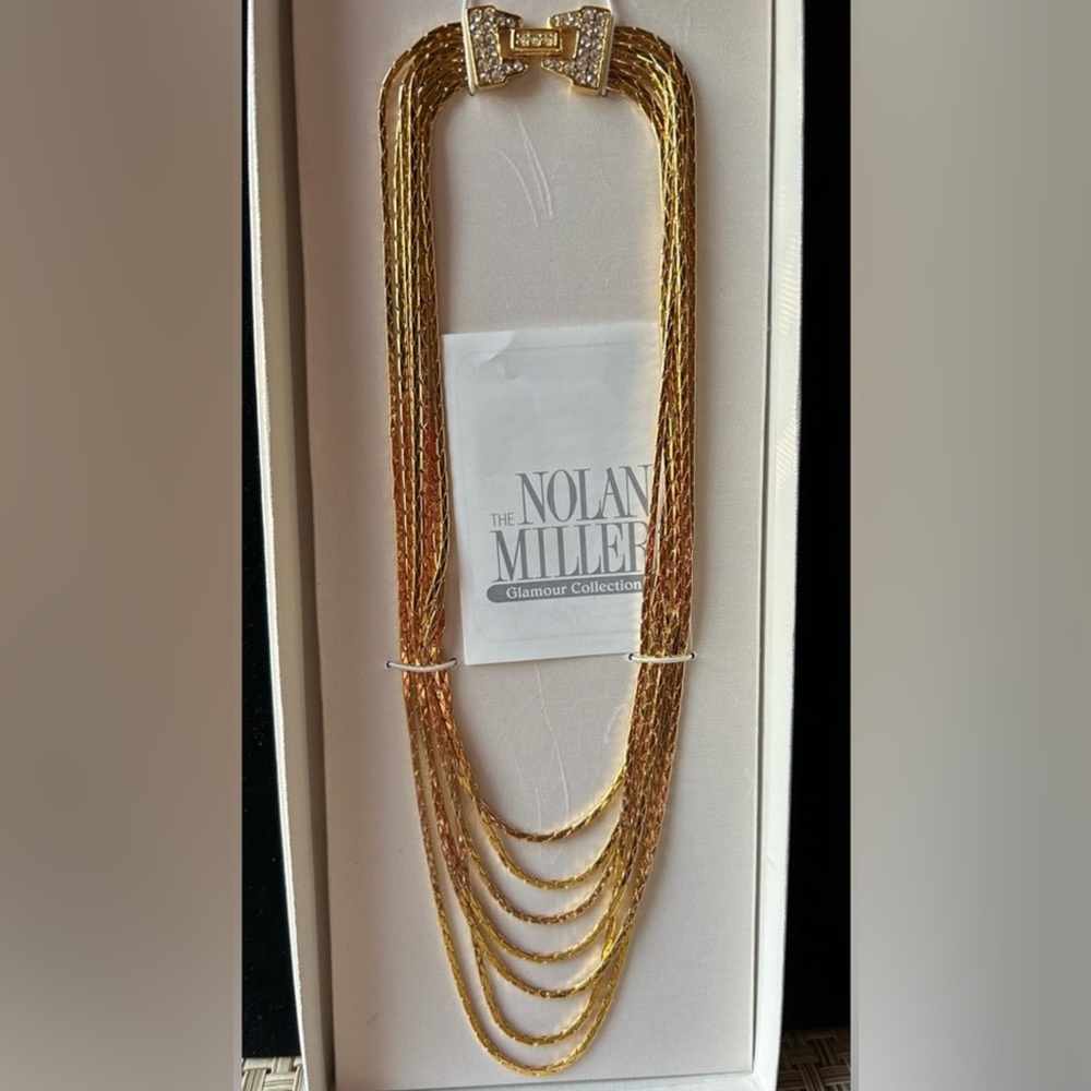 Vintage Nolan Miller Gold Multi-Strand Necklace with crystal clasp.